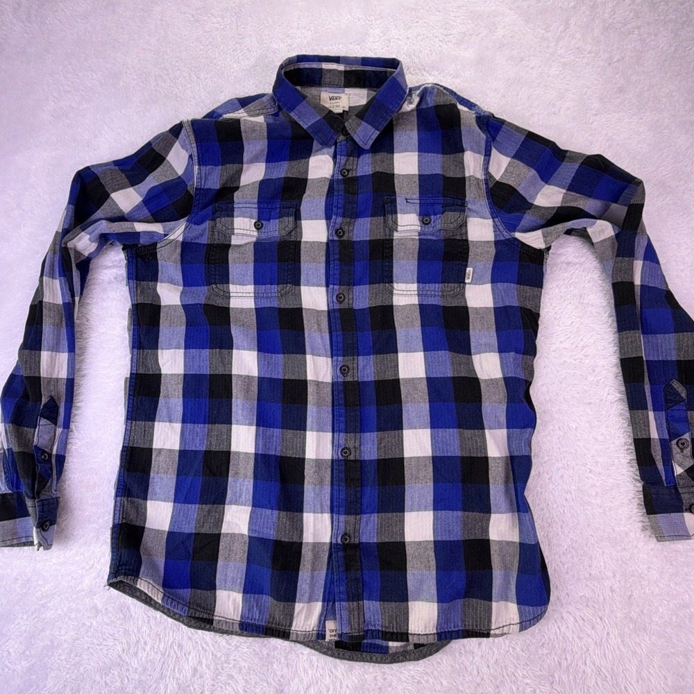 Vans Buffalo Plaid Blue Long Sleeve Button Up Skate Shirt XL
